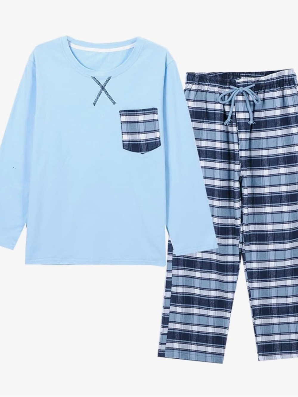 Kids Light Blue Plaid Pocket Pajama Set 058